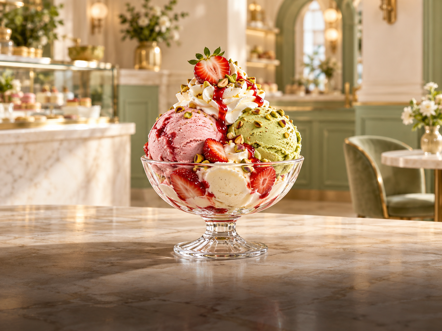 Eleganter Eisbecher mit Erdbeere, Pistazie und Vanille